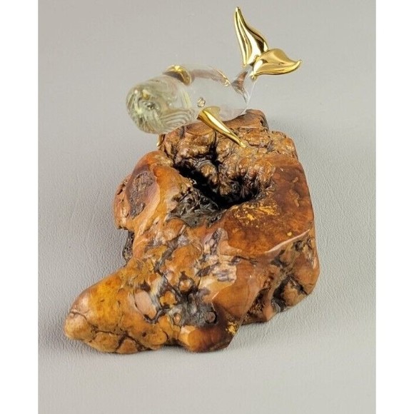 Glass Baron Handcrafted Humpback Whale Wood Mounted Base Gold Trim - Picture 7 of 11